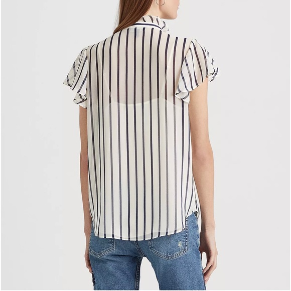 LAUREN RALPH LAUREN STRIPED RUFFLE TRIM CHIFFON BLOUSE SIZE (XSP). - Picture 4 of 14